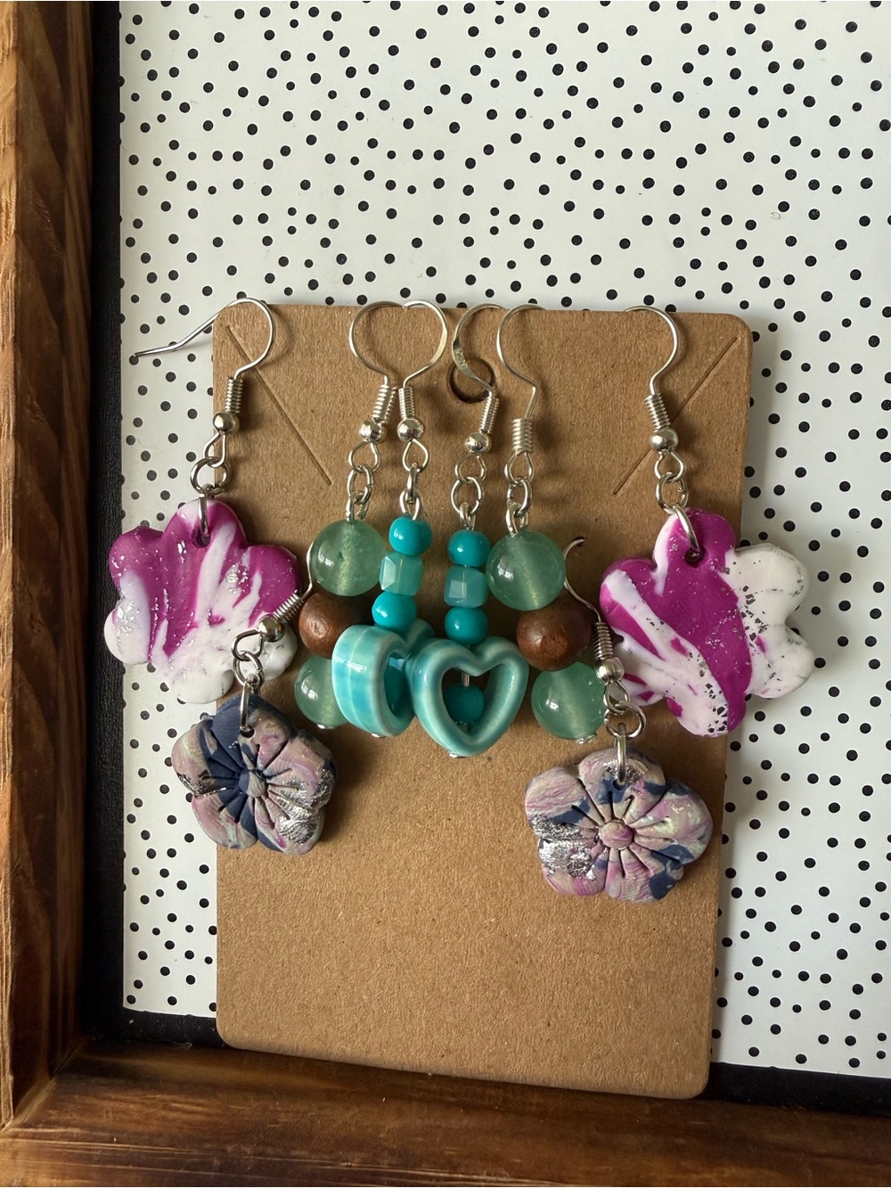 Handmade Floral & Heart Dangle Earrings - Turquoise, Purple, White